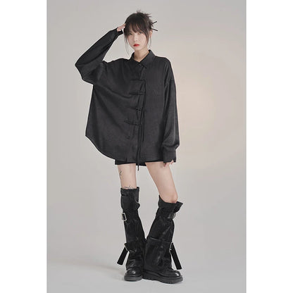 French Elegance Black Blouses Baggy Lapel Collar Korean Lady Sweet Cross Bandage Exquisite Shirts Single Breasted