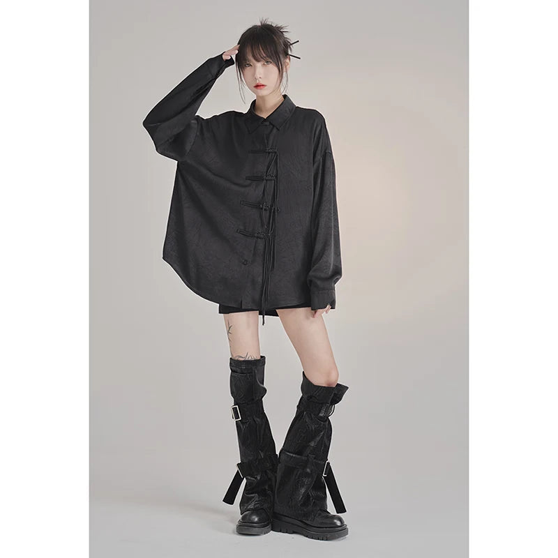 French Elegance Black Blouses Baggy Lapel Collar Korean Lady Sweet Cross Bandage Exquisite Shirts Single Breasted