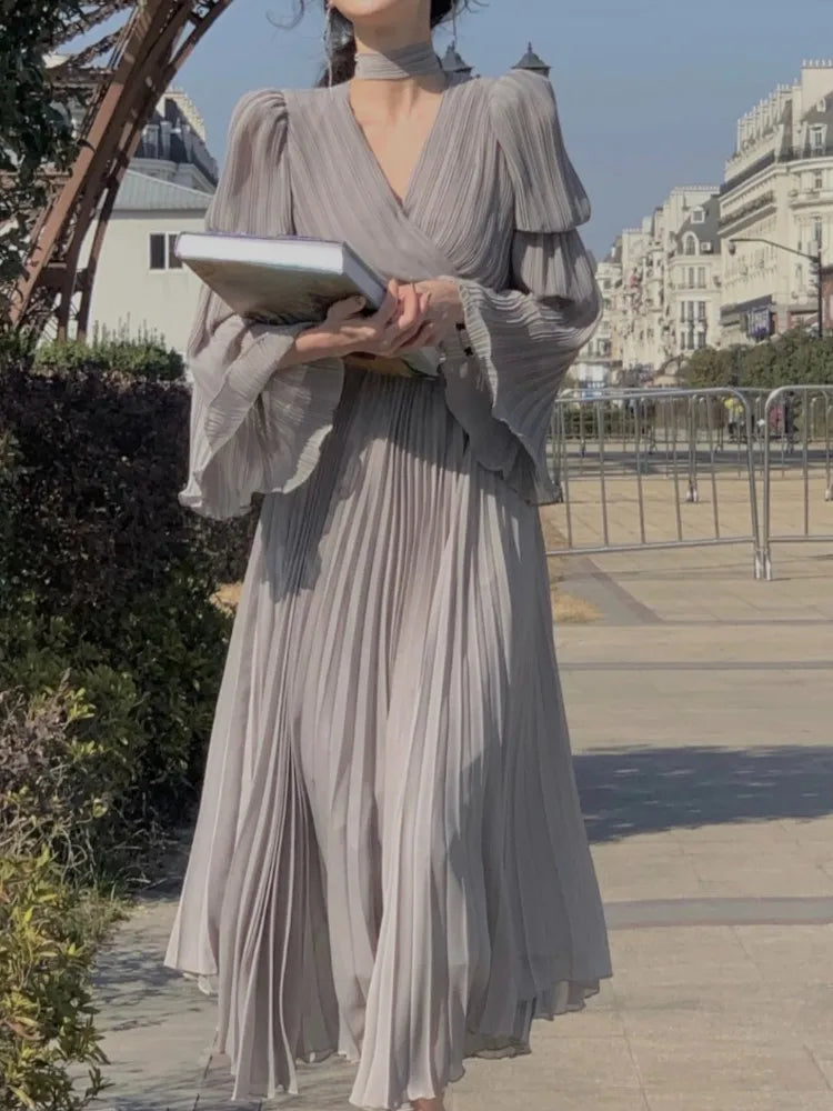French Ruffle Irregular Long Dresses Fairy Pleated Party Evening One Piece Dress Korean Female Clothings