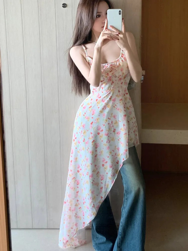 Midi Dress Sleeveless Print Slim Backless Camisole Dresses Holiday Party Spring Summer New Clothing