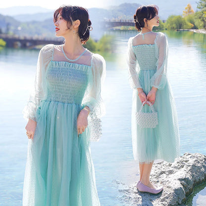 Fairy Dress Summer New Forest Mesh French First Love Pink Sweet Princess Dress Green 3/4 Sleeves Pleated Long Dress