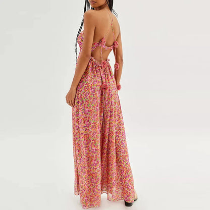 Cross Halter Rose Design Maxi Dress Spring Print Long Party Dress Summer Backless Hollow Holidays Dresses