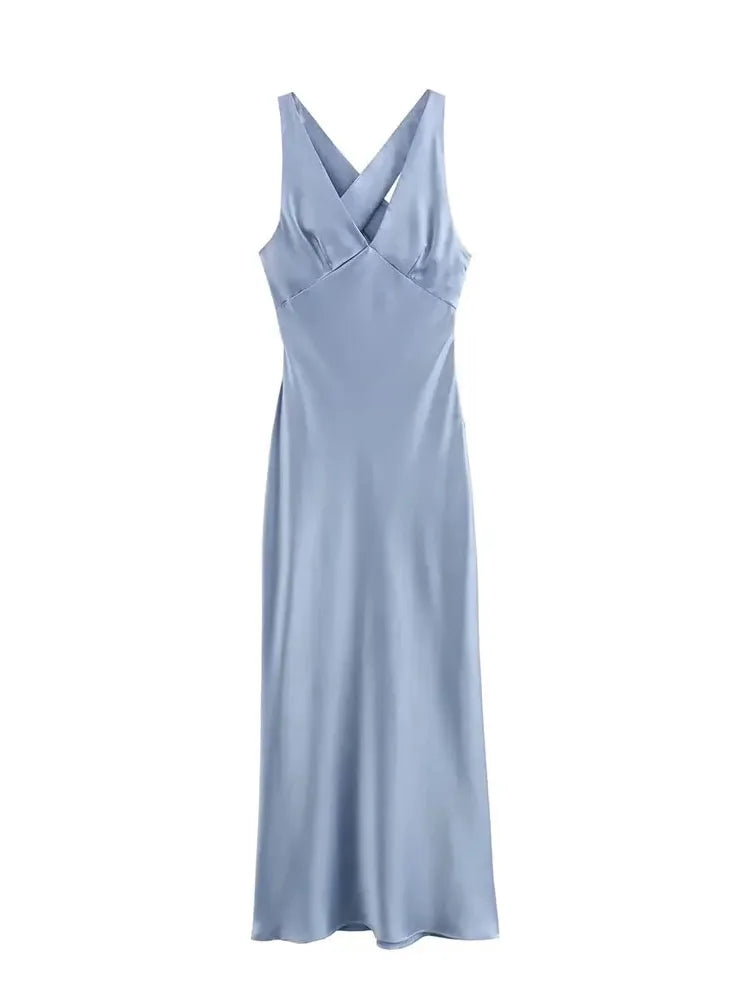 Vneck Party Long Dress Satin Sleeveless Slim Fit Dresses Zipper Female Backless Maxi Dress