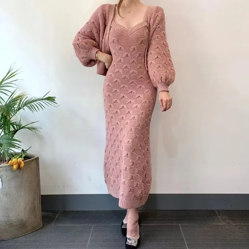 Sweet Hot Girl Suit Autumn and Winter Singlebreasted Lantern Sleeve Knitted Cardigan Slim Strap Dress Twopiece Set