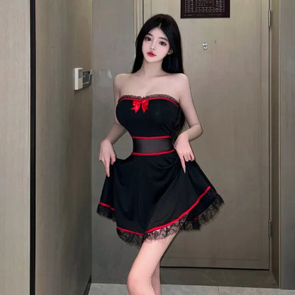 Dresses Lace Patchwork Bow Strapless Slim Backless See Through Clubwear Mini Dress