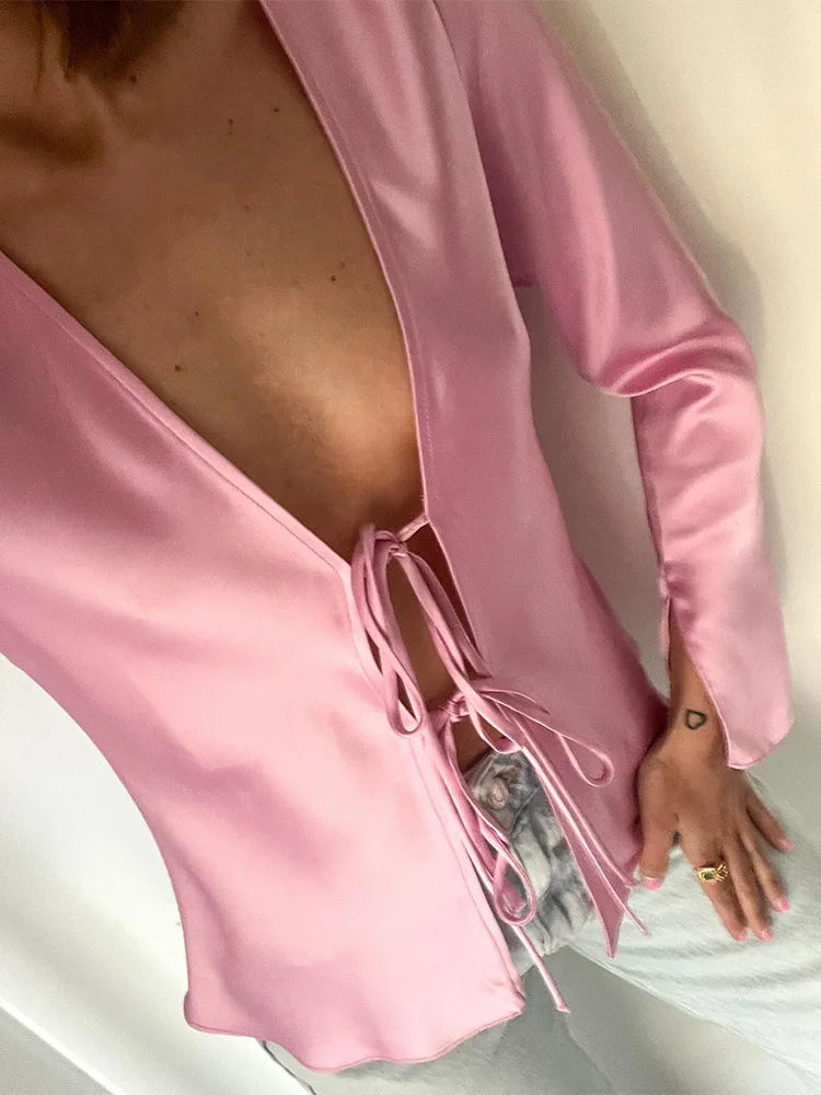 Vneck Lace Up Satin Blouses Long Sleeves Color Shirt Top Female Versatile Tops