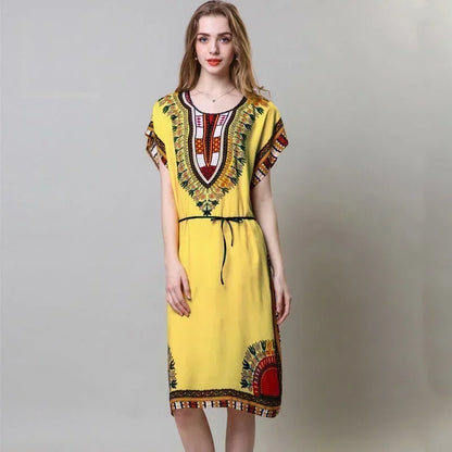 National Style Leisure Holiday Beach Printed Poker Indonesia O-neck Loose Midi Dress Pajamas Loungewear Woman