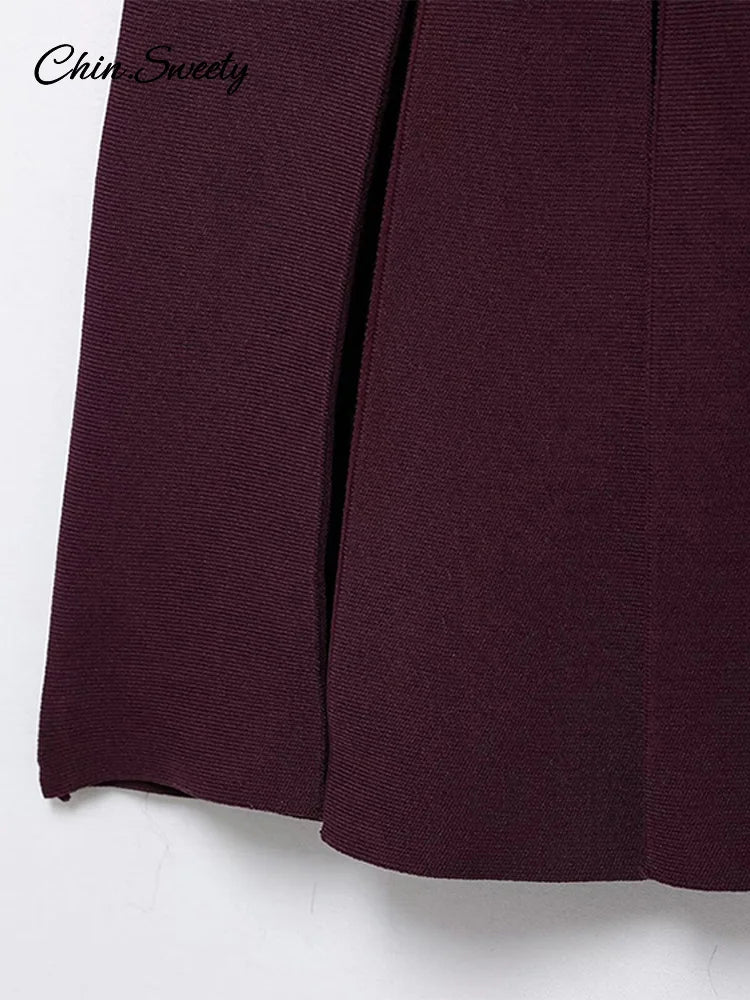 Knit Burgundy Red A-line Mini Dress O-neck Long Sleeves Pleat Party Dresses Female Spring New Pockets Button Vestidos