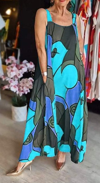 Print Spaghetti Strap Dresses Pocket Loose Long Dress Lady Commuting Clothing Maxi Vestidos Summer New