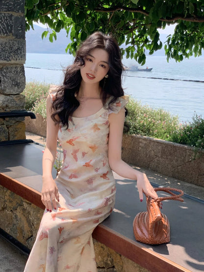 Summer French Midi Dress Office Lady Y2k Causal Retro Party Dress Korean Print Slim Dress New