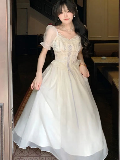 Princess Birthday Party Dress Puff Sleeve Lace-up A-line Midi Dresses for Square Collar Prom Robe Vestidos Mujer