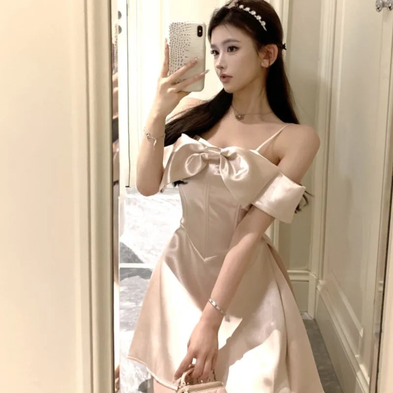 Evening Party Dresses Bow Design Spaghetti Strap Aline Birthday Mini Dress Korean One Piece Vestidos