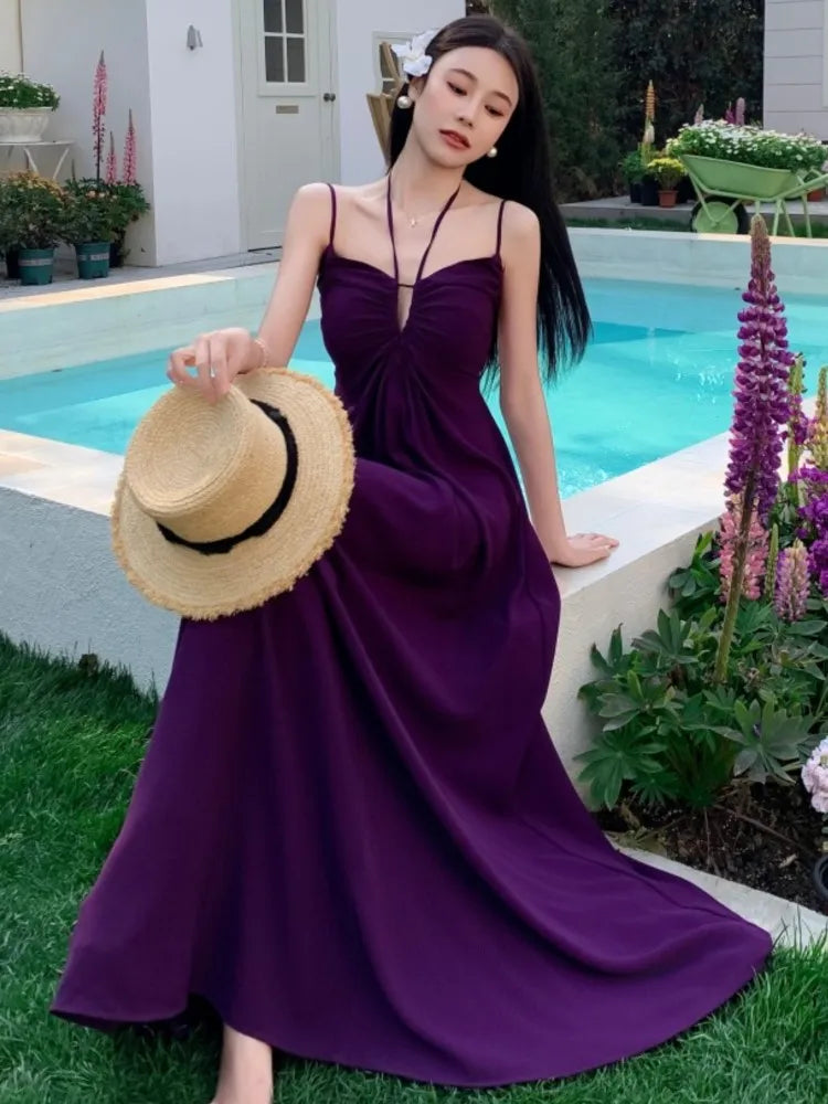 Backless Long Dresses Spaghetti Strap Halter Laceup Wedding Evening Party Dress French Style Aline Vestidos