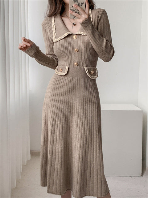 Female Long Dress Pocket Knitwear Ribbed Patchwork High Waist Commute Slim Party Dress Autumn Knit Dress