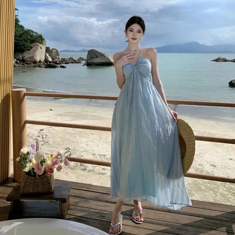 Blue Checkered Backless Halter Laceup Long Dresses Summer New High Waist Club Beach Vacation Pleated Sundress