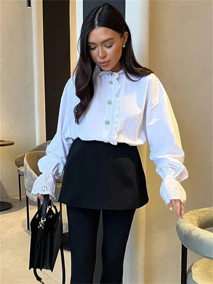 Female Glitter Ruffled Shirts Top Inner Patchwork Long Sleeve Commute Clothes Hollow Out ’s Blouses