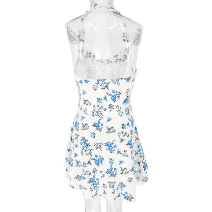 Halter Mini Dresses Spring Summer New Slim Blue Print Dress Backless Dress