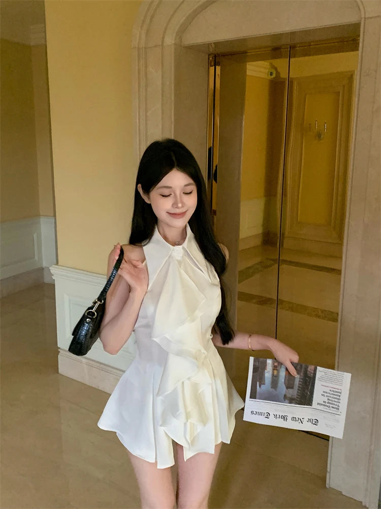 White Shirts&blouses Ruffles Korean Spring Summer Blusas Mujer Sleeveless Camisas