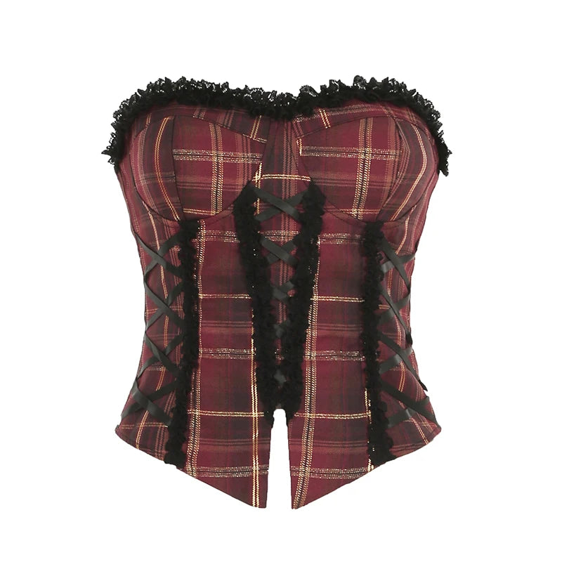 Christmas Red Plaid Lace Trim Bandage ��s Straps Tops Skinny Hotsweet Festive Atmosphere Blouses