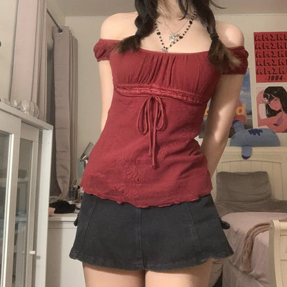 Lady Square Collar T-shirt Kawaii Bow Short Sleeve Pullovers Tees Y2k Fairy Grunge Crop Top Retro Clothes