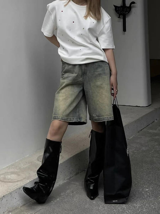 Woman Tight Bodycon Jeans Tiedyed Denim Knee Length Shorts Basic Simple Classical Hot High Street Gyaru Kpop 90s