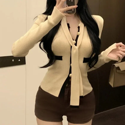 Korean Singlebreasted Tie Longsleeved Cardigan Spring New High Street Contrast Color Patchwork Knitted Tops