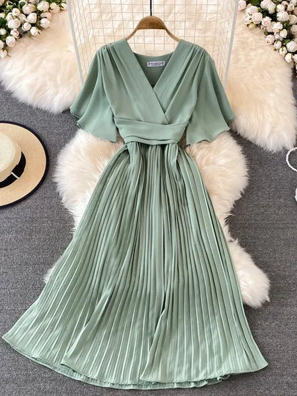 Pleated Dress Summer Short Sleeve V-neck Dresses a Line High Waisted Midi Dress