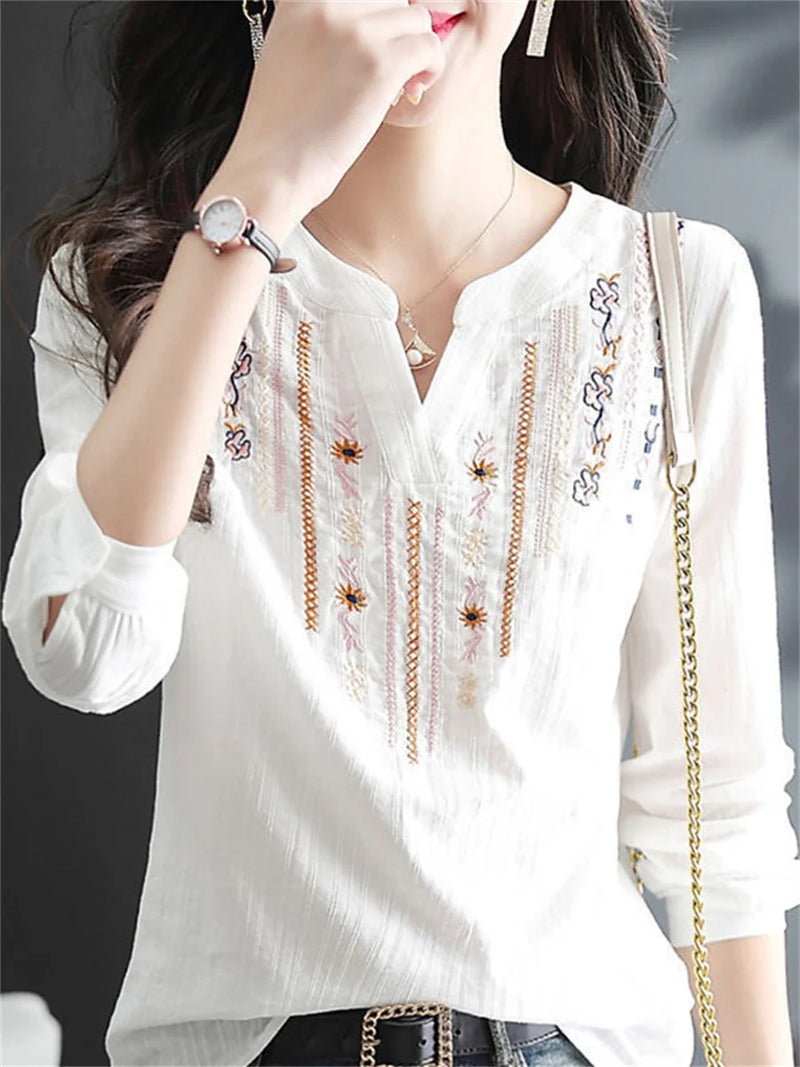 Spring Autumn White Blouses Tops Lady Embroidery V-neck Long Sleeve Loose Blusas Top Df4272