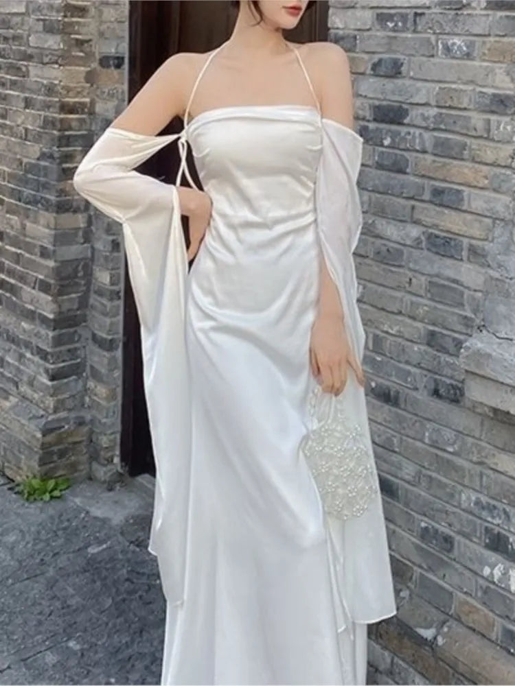Summer Satin Silky Off Shoulder Slim White Cocktail Dress Lady Party Maxi Dress Vestidos De Fiesta Para Bodas