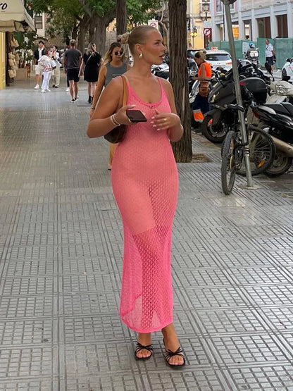 Pink Knit Cover Up Maxi Dress Female Seethrough Net Hollow Out Beach Holiday Dress Knitwear Beach Cover Dress Beachwear