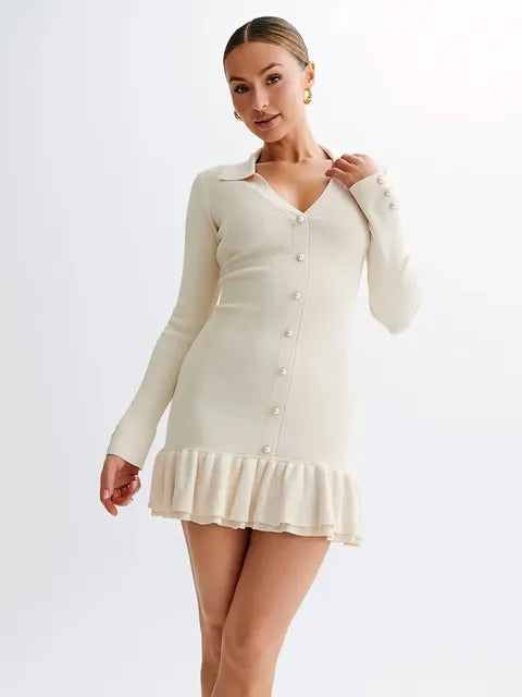 Ruffled Bow Knit Mini Dress ’s Summer Backless Contrast Cardigan Lace-up Dress Female Knitwear Bandage Dress