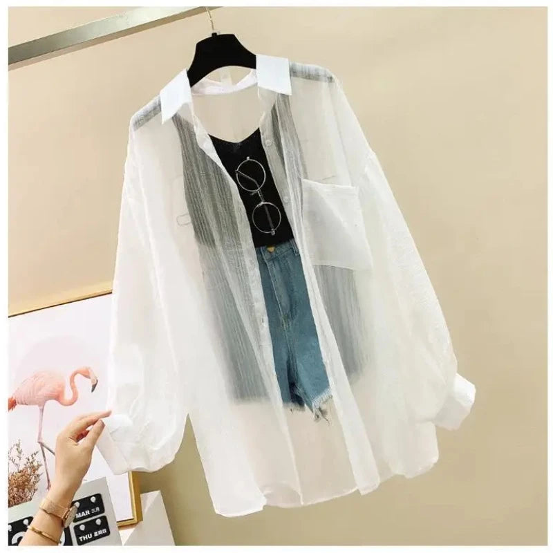 Long Sleeve Perspective Sheer Sunscreen Chiffon Blouse Korean Loose Shirt Summer Beach Cardigans