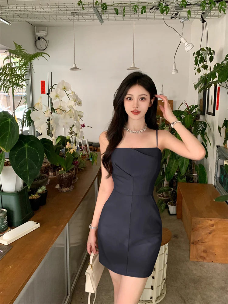 New Midi Dress Summer Spaghetti Strap Pleated Bodycon Party Slim One Piece Clothes Vestidos