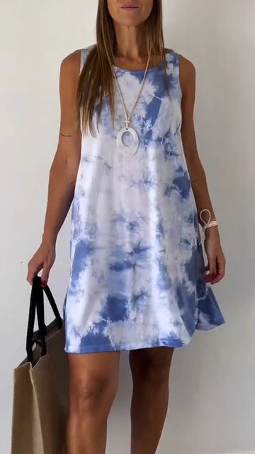 Gradient Tie Dye Print Mini Dresses Summer New Loose O Neck Sleeveless Dress Lady Vestidos