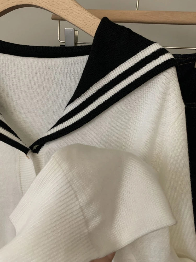 White Navy Collar Knitted Cardigan Age Reduction Clothing Autumn Thin Long Sleeve Sweater Korean Y2k Top