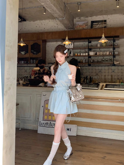 Korean Shirt Dress Sleeveless Office Lady Y2k Mini Dress Clothing Beach Even Party Summer