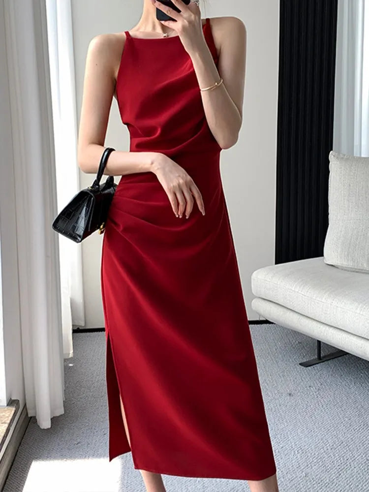 Summer Korean Slim Red Sleeveless Midi Dress New Spaghetti Straps Bodycon Split Clothes Office Lady Vestidos