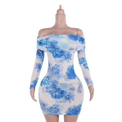 Blue Print Mini Dress for Autumn New Off-shoulder Backless Long Sleeve High Waist Party Dress