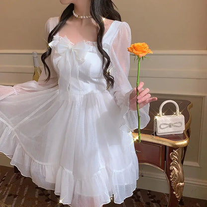 French Sweet Fairy Lolita Dress Long Sleeve Lace Mini Dress Kawaii Clothes One Piece Dress Korean Autumn