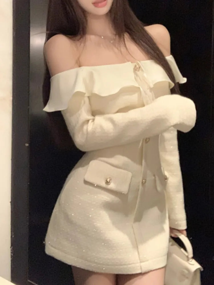 Sweet Tweed Mini Dresses for Slash Neck Long Sleeves Birthday Party Evening Robe Korean Slim Waist Vestidos Mujer