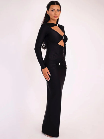 Hollow Out Long Sleeve Maxi Dress for Color Slim Fit Cut Out Club Party Long Dress New