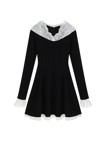 Black Mini Dress for Lace Hooded Long Sleeve Aline Dress French Style Spring Autumn Dress