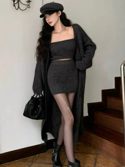 Autumn Winter New Knitted 3-piece Skirt Set Long Cardigan Strapless Crop Top Mini Skirt Y2k Korean Knitwear New