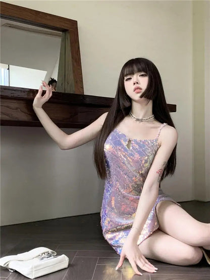 Sequin Pleated Tight Stretch Hollow Bodycon Mini Dress Night Club Outfit Design Brand Clothes Summer New