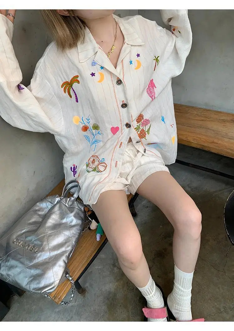 Sweet Embroidery Loose Shirts Stripe Lapel Blouses Two Piece Set Korean Blusa Mujer Moda
