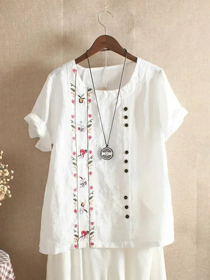 Flower Embroidery Cotton Linen Shirt Summer O-neck Short Sleeve White Pullover Top Street Blouse