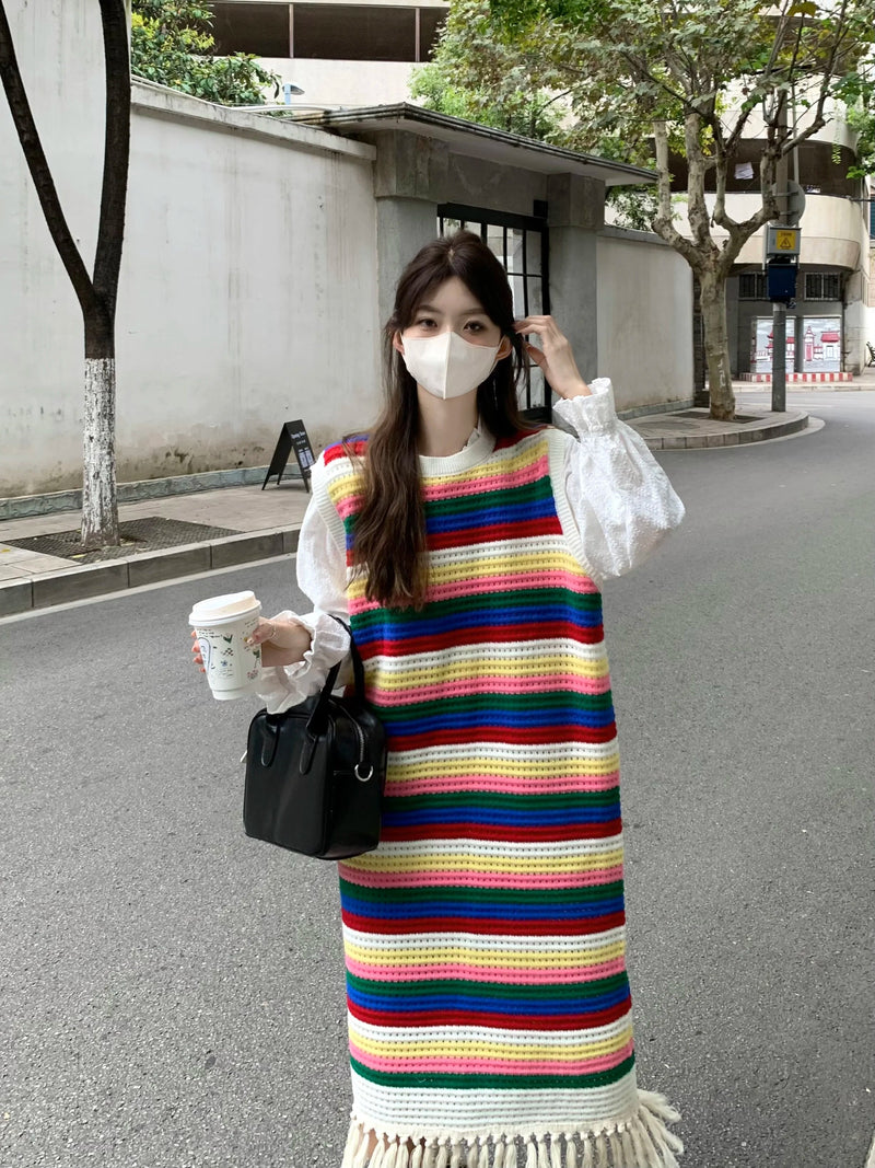 Sweet Forest Colored Sleeveless Polka Dot Vest Dress Autumn Loose Tassel Mint Manwave Long Dresses