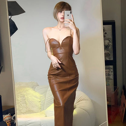 Sling Pu Faux Leather Slit Fit Long Dress Y2k Party Club Vacation Birthday Summer Clothing