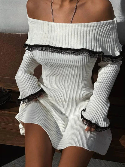 Knit Off-shoulder Sweater Mini Dress Lace Patchwork Ribbed Slim Backless Party Dress Knitwear Mini Dress