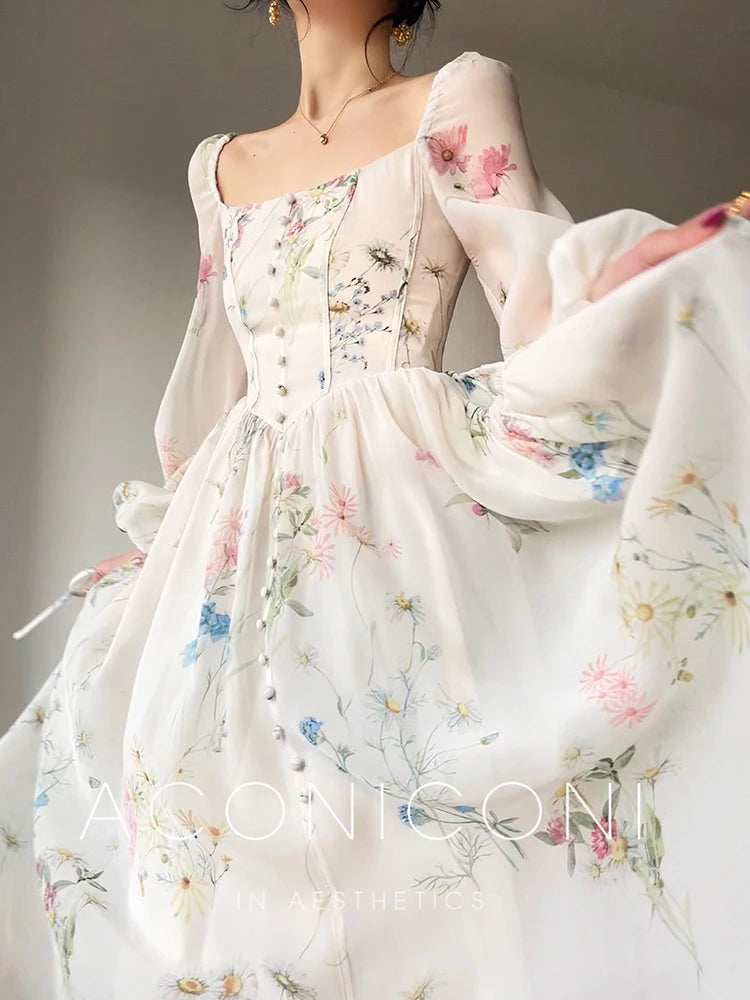 French Vinatge Evening Party Long Dresses for Aline Princess Dress Lantern Sleeve Spring Summer Prom Robe Vestidos